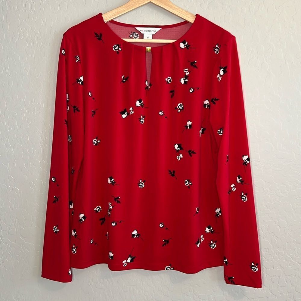Liz Claiborne Women’s Red Floral Long Sleeve Blouse Size Medium
